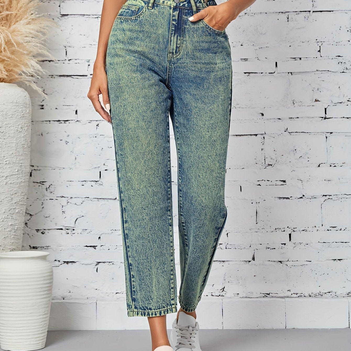 Jeans Femme Jambe Droite Décontracté Extensible Taille Mi-Haute Boutons Bleu Clair Effet Usé Toute Saison Confortable