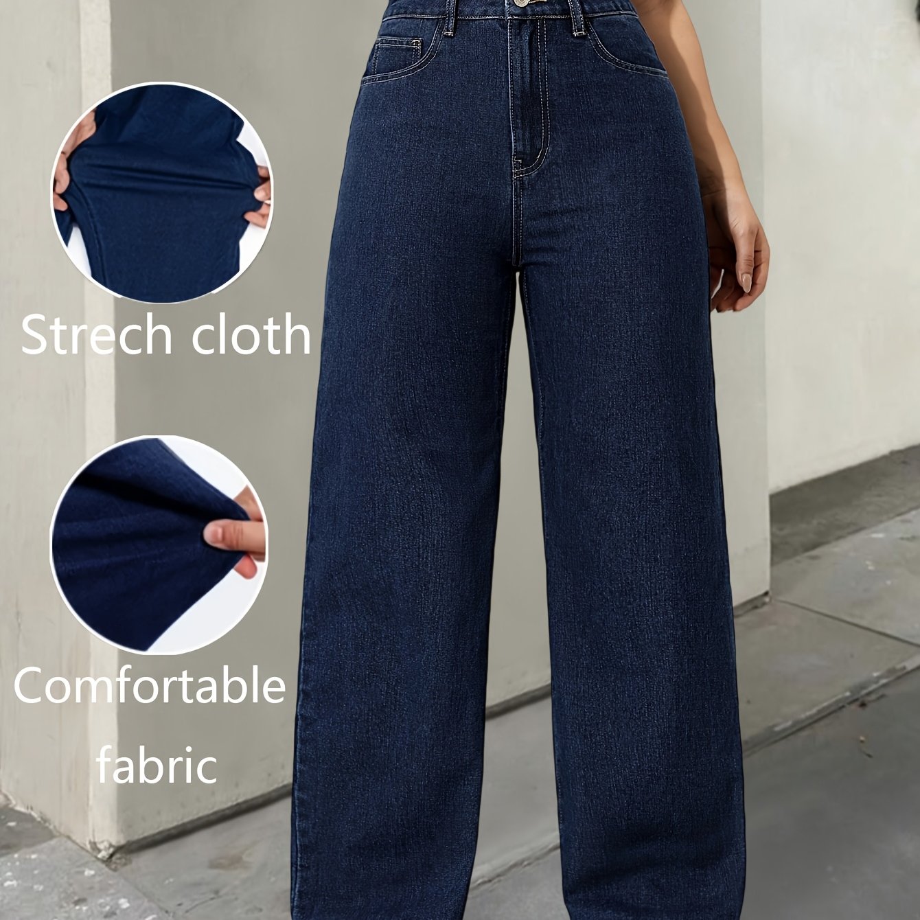 Pantalon Femme Taille Haute en Denim Extensible – Jambe Large, Tissu Confortable, Fermeture Boutons, Coupe Ample, Jeans Polyvalents Toutes Saisons, Idéal Tenue Décontractée, Taille Haute