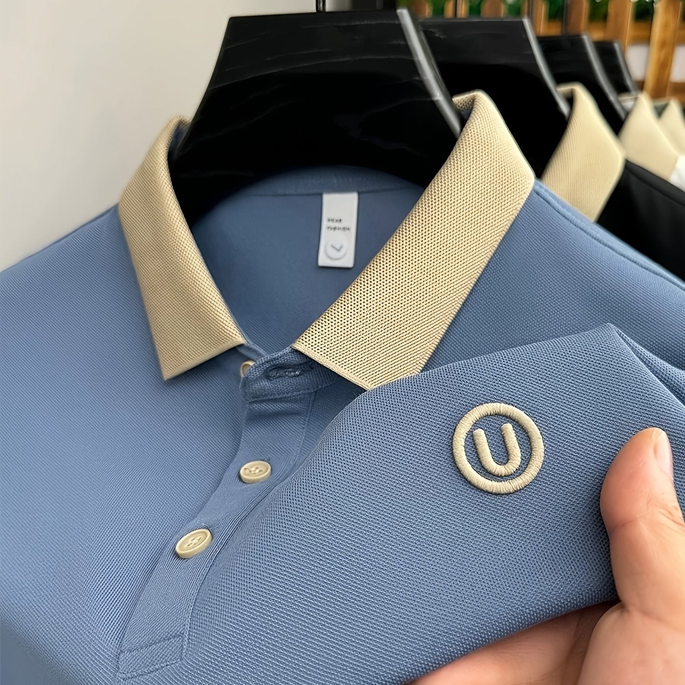 Men's Stylish Embroidered Shirt - Casual Short Sleeve, Button-Up Collar, White with Gray Collar & Cuff Accents, Soft Polyester Fabric, Perfect for Golf or Casual Attire, Golf Shirt | Embroidered Collar Detail | Smooth Texture