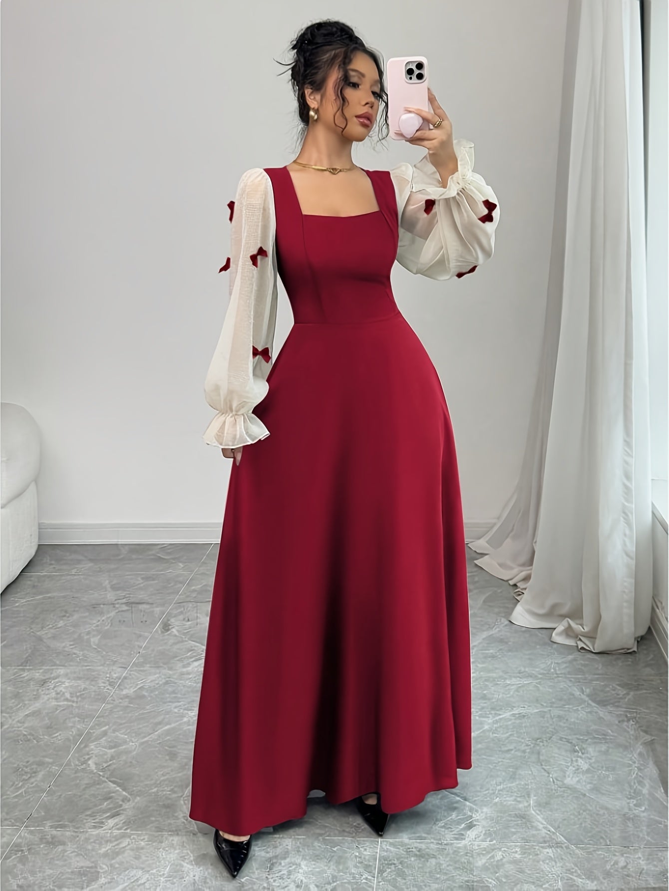 Robe élégante femme rouge bordeaux – manches bouffantes, col carré, nœud à la taille, coupe A-line longue, formelle pour soirées et mariages, lavable en machine, toutes saisons, adaptée aux talons courts ou chaussures plates