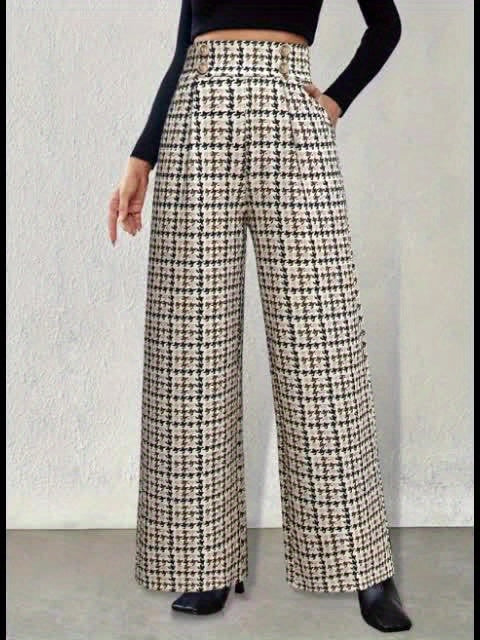 Pantalon Femme Élégant Taille Haute – Jambe Large, Motif Pied-de-Poule, Double Boutonnage, Beige et Noir, Bureau et Décontracté
