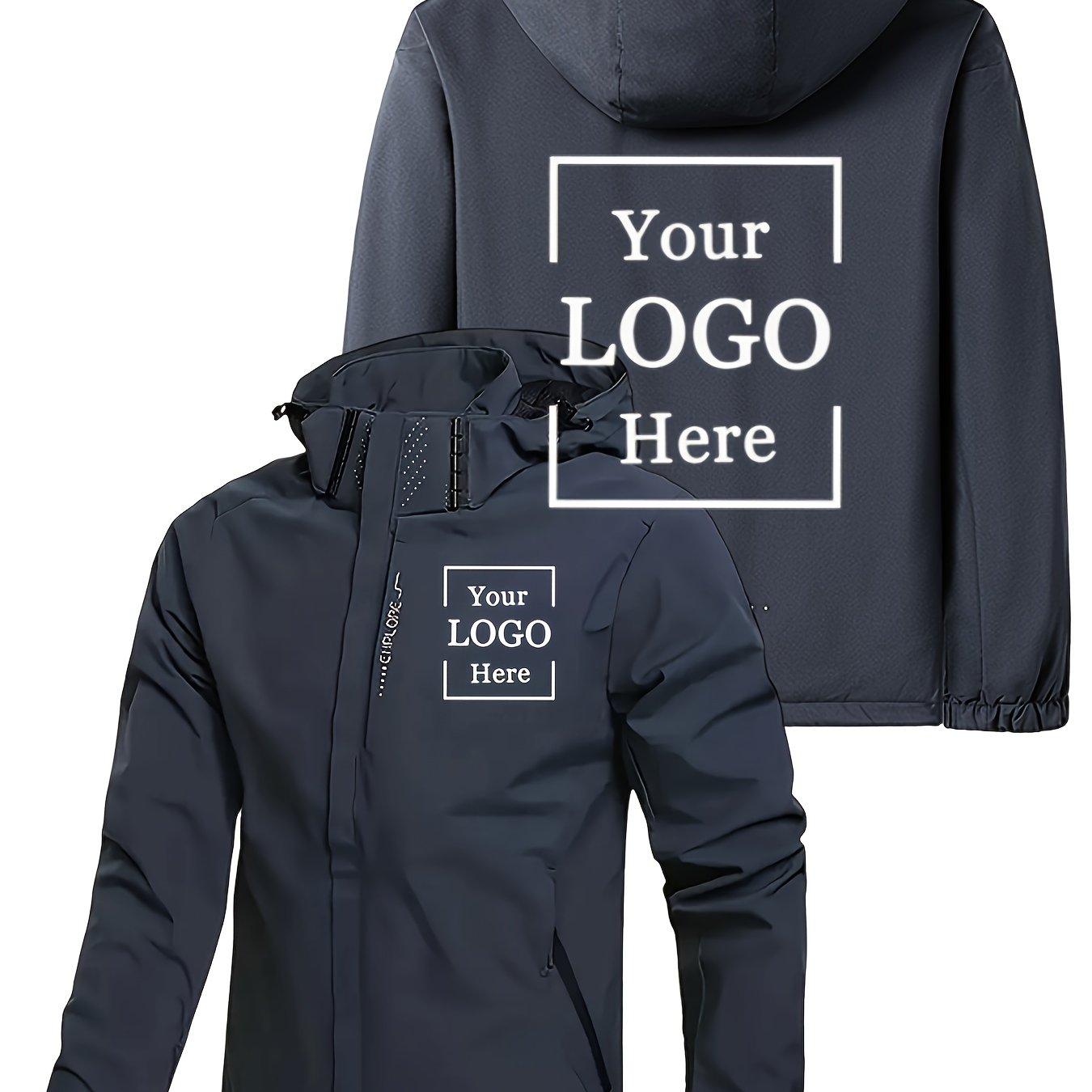 Veste à capuche homme personnalisable – coupe ample, bleu marine, imperméable, logo imprimé, promo et entreprise