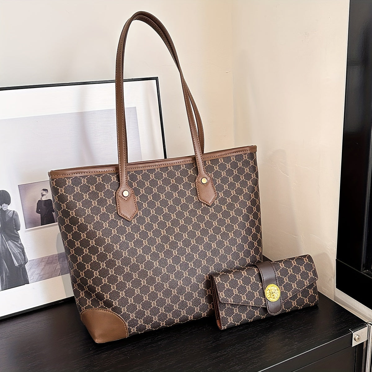 Set sac et portefeuille femmes grand format motif géométrique fermeture éclair blanc marron