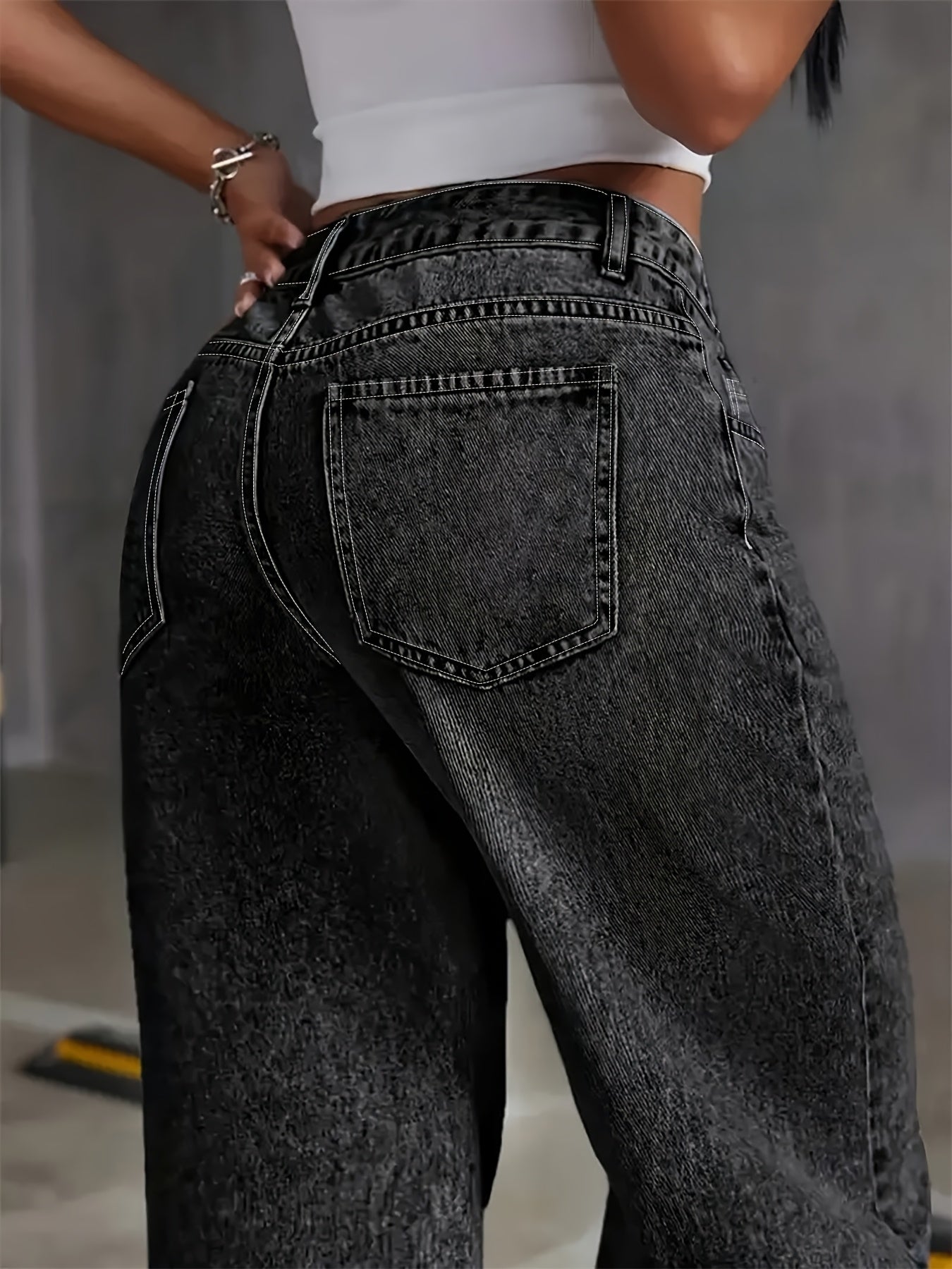 Jeans Femme Grande Taille Taille Haute Jambe Droite Extensible Effet Snow-Wash Confort Toute Saison Style Bohème Durable