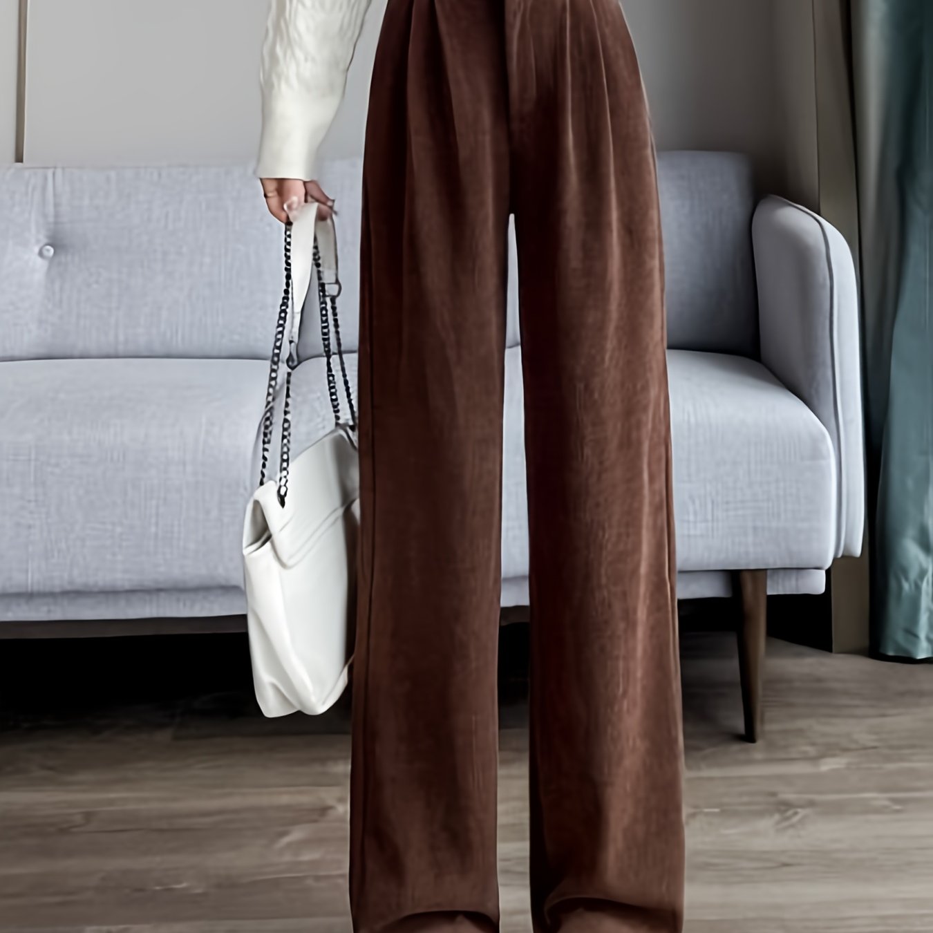 Pantalon Femme Jambe Large – Élégant, Taille Haute, Tissu Non Extensible, Bureau et Décontracté, Automne/Hiver