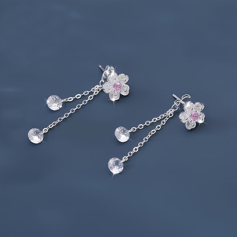 1 paire de boucles d’oreilles pour femmes, élégantes et classiques, motif fleur de cerisier avec pampilles, plaqué argent 925, idéal cadeau pour anniversaires, mariages, rentrée scolaire, Saint-Valentin, printemps/été.