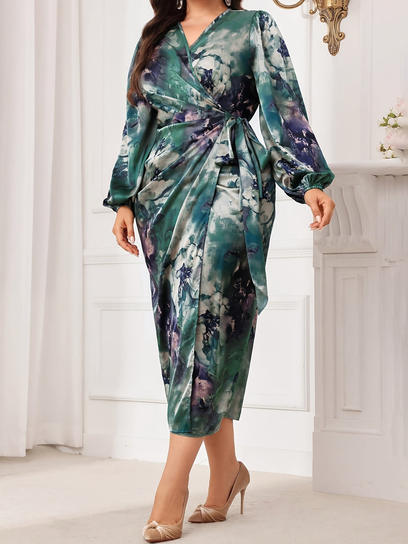 Robe maxi grande taille femme – imprimé floral élégant, manches lanterne, col croisé, taille ajustable, manches longues, coupe bodycon, lavable en machine, tenue toutes saisons