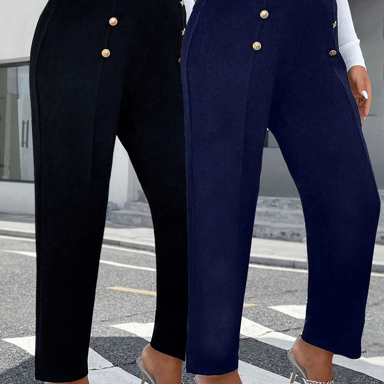 Lot de 2 Pantalons Femme Grande Taille – Taille Haute, Boutons, Jambe Droite, Noir