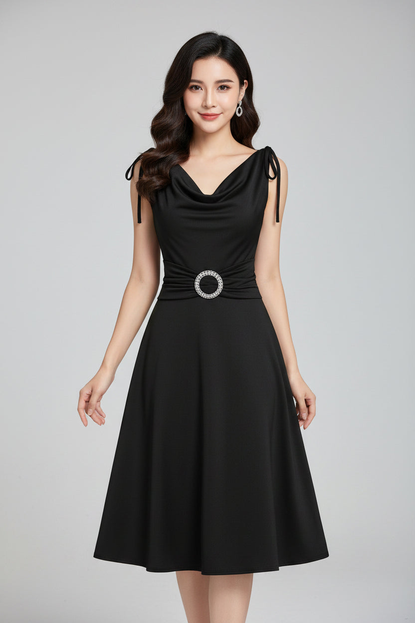 Une robe de soirée élégante pour femme, avec un décolleté drapé, sans manches, une boucle en strass métallisé, une taille cintrée et des épaules froncées, parfaite pour les jolies femmes en rendez-vous ou en sortie
