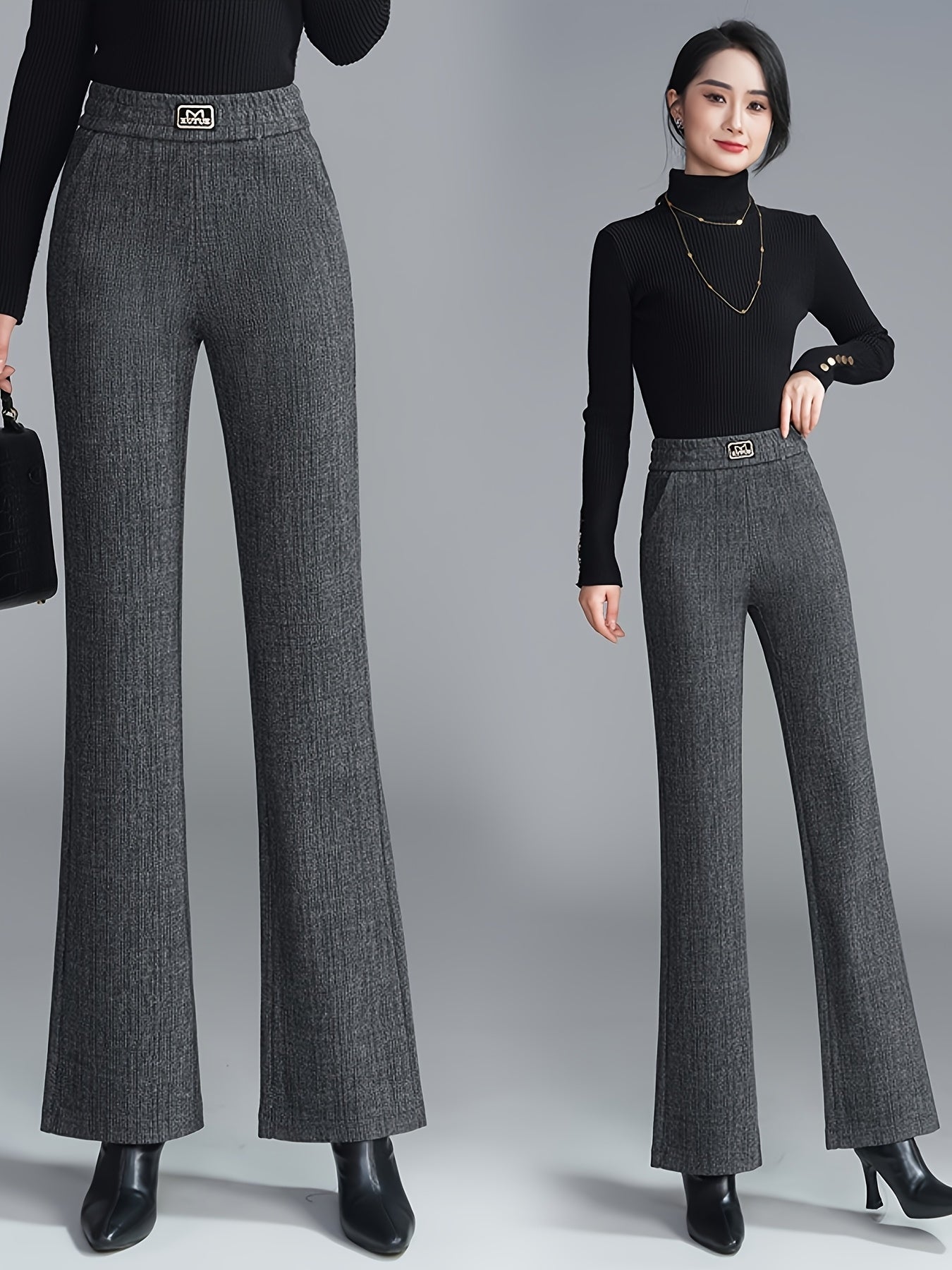 Pantalon Femme Taille Haute en Tweed – Jambe Évasée, Style Coréen, Taille Élastique Sans Ceinture, Gris/Noir