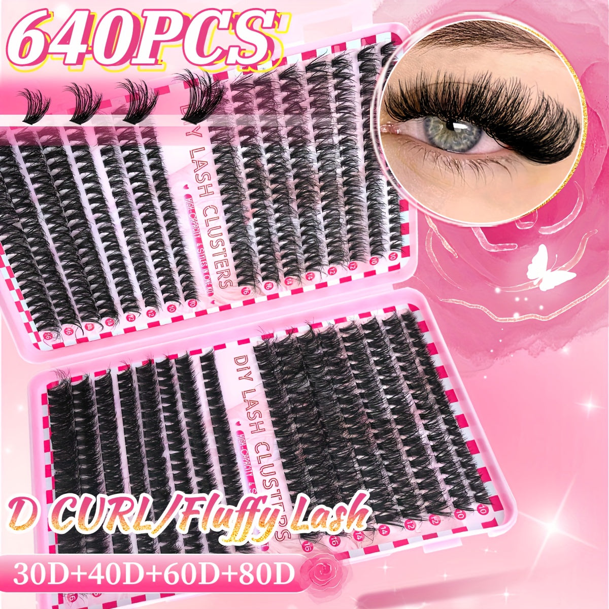 640 pcs de Cils Postiches DIY – D Curl, 9-16 mm Mélangés, Épaisseurs 30D/40D/50D/60D/80D, Parfaits pour Débutants à la Maison, Effet Épais et Fluffy, Idéal Cosplay/Halloween, Volume Intense, Longueurs Mélangées