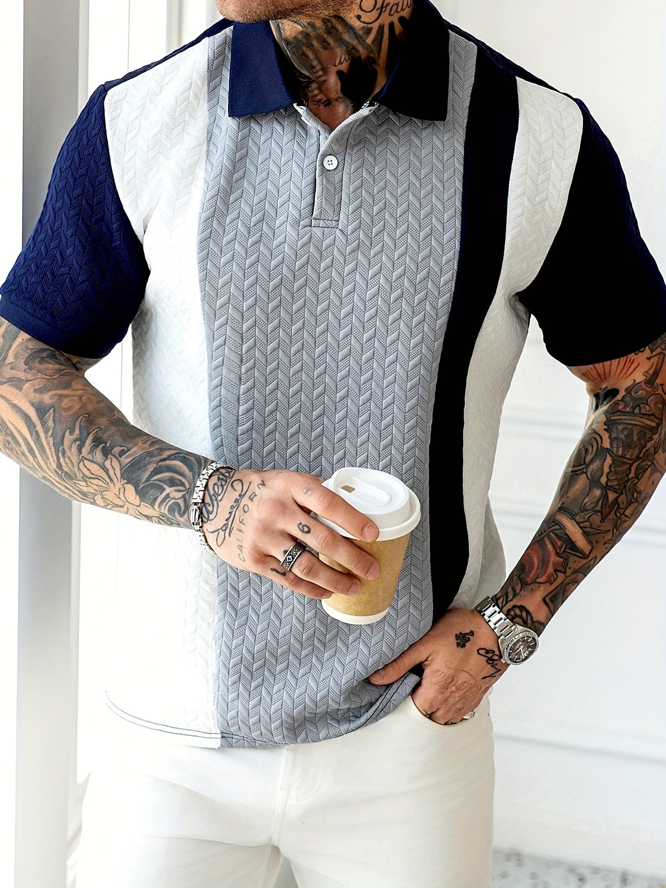 Men'S Short-Sleeve Polo Shirt with a Patchwork Design, Featuring Buttons And a Textured Knit, Perfect for Casual Summer Wear with a Stylish And Comfortable Fit.