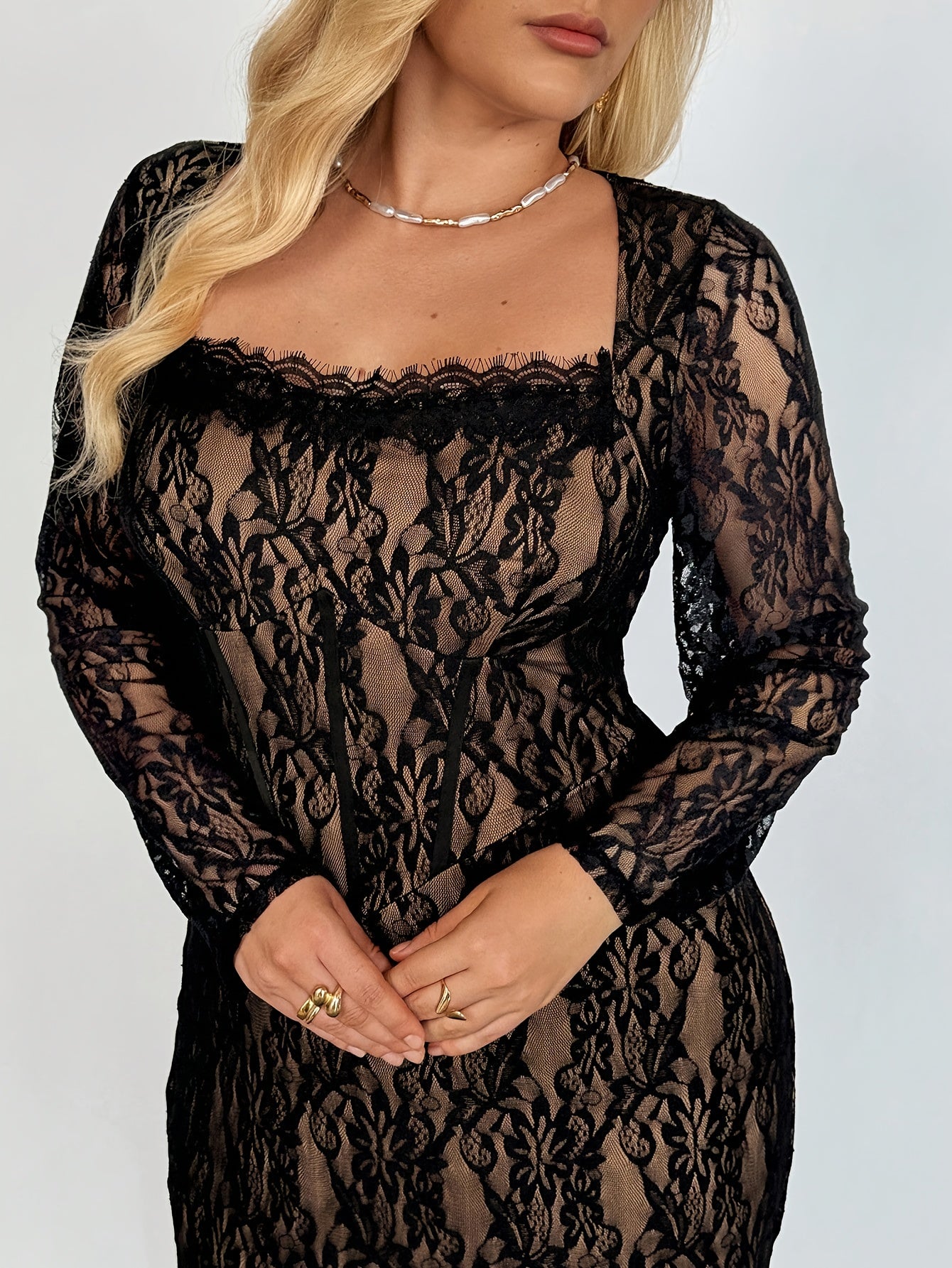 Robe de soirée en dentelle élégante grande taille femme – manches longues, col carré, coupe A-line maxi, bordure en dentelle, pour soirées, mariages et événements formels, lavable en machine, automne/hiver