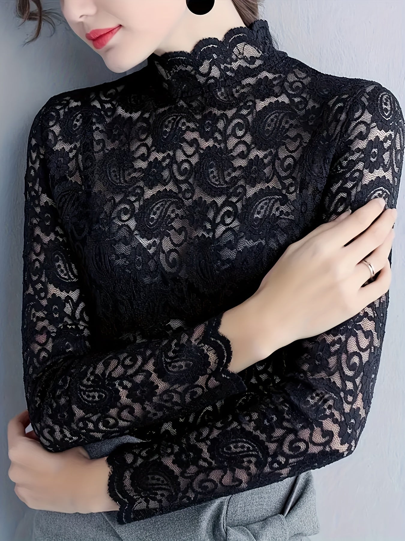 Lot de 2 Hauts Femme en Dentelle Unie - Col Semi-Montant Élégant, Manches Longues, Idéal comme Sous-Couche pour le Printemps et l’Automne, T-Shirt Féminin