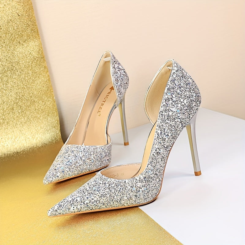 Escarpins à Paillettes Brillantes – Talons Aiguilles Ultra-Fins, Bout Pointu, Finition PU Scintillante, Bleu / Doré – Chaussures de Soirée, Mariage & Bal – Chaussures Habillées Toutes Saisons (Design Échancré Confortable)