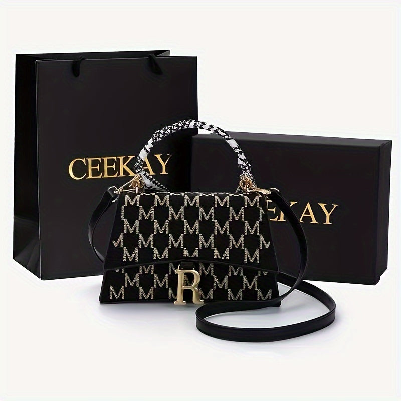 Sac épaule noir et blanc avec lettre « M » et ferrure dorée – bandoulière ou crossbody polyvalent, grande capacité, cadeau idéal pour femmes, accessoire chic, parfait pour Noël