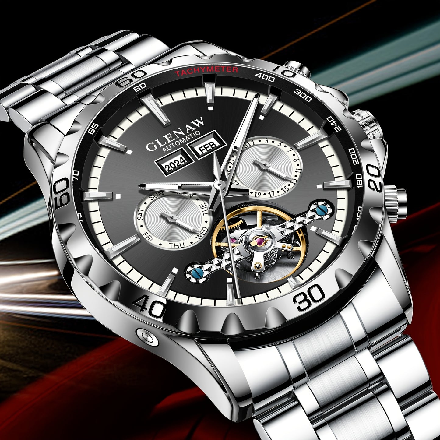 Montre automatique pour homme – Montre multifonctionnelle avec boîtier et bracelet en acier inoxydable, montre mécanique à remontage automatique avec affichage de l’année, du mois, du jour et de la semaine