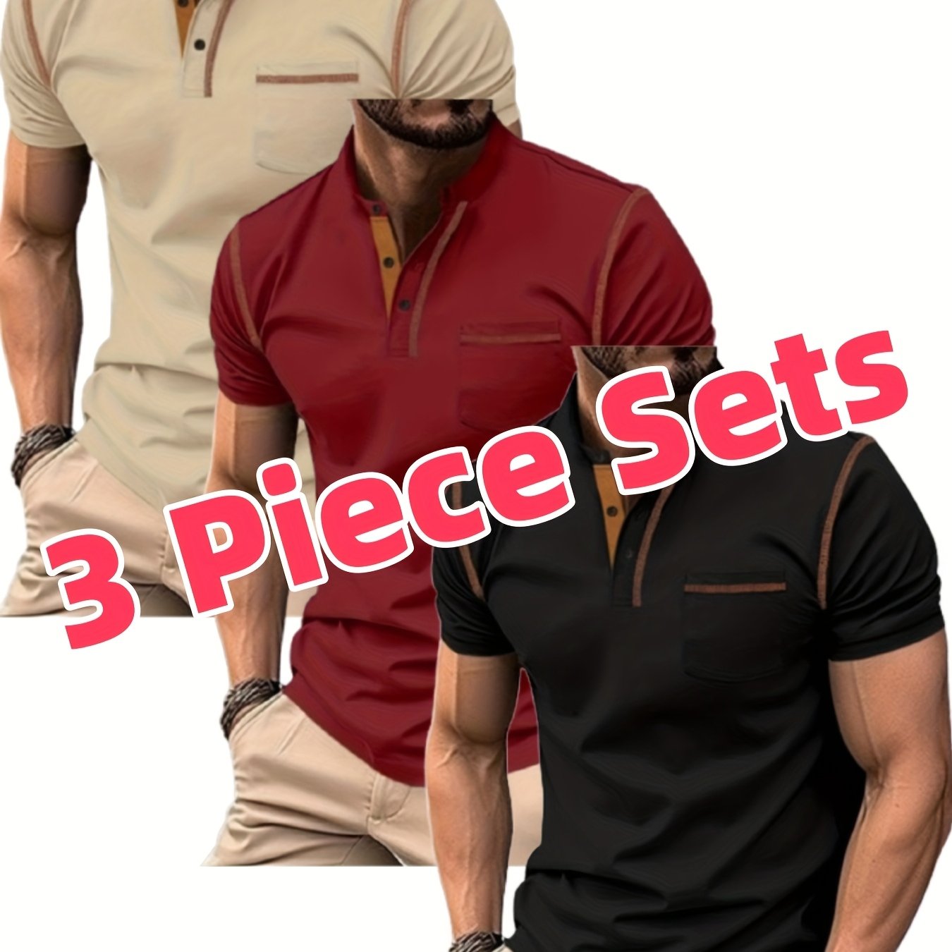 Lot de 3 Henley Manches Courtes – Tops Casual Golf & Tennis