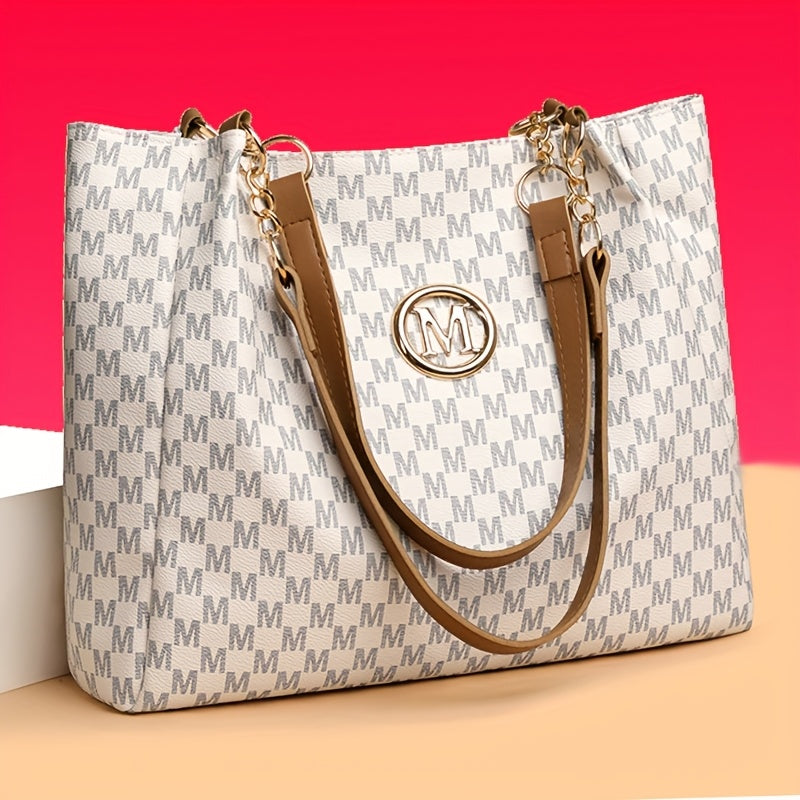 Sac Cabas Femme Élégant et Classique à Monogramme « M » – Grande Capacité, Cuir Synthétique avec Détails Marron, Bandoulières Fixes et Quincaillerie Dorée, Fermeture Éclair, Parfait pour le Travail, Déplacements et Shopping