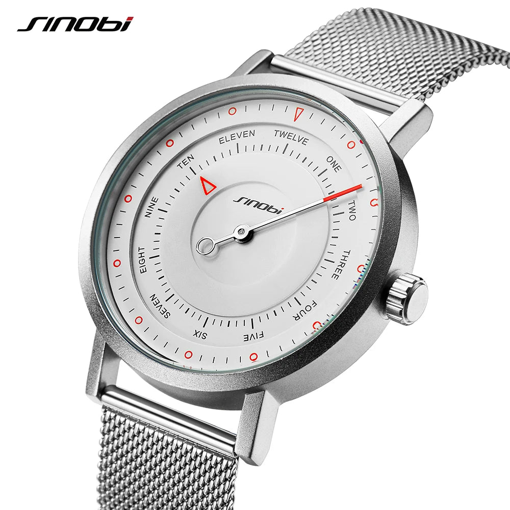 Montre Sportive Homme SINOBI 9809 – Design Rotatif et Créatif, Quartz, Bracelet Acier et Cuir, Étanche, Montre de Poignet Élégante et Durable