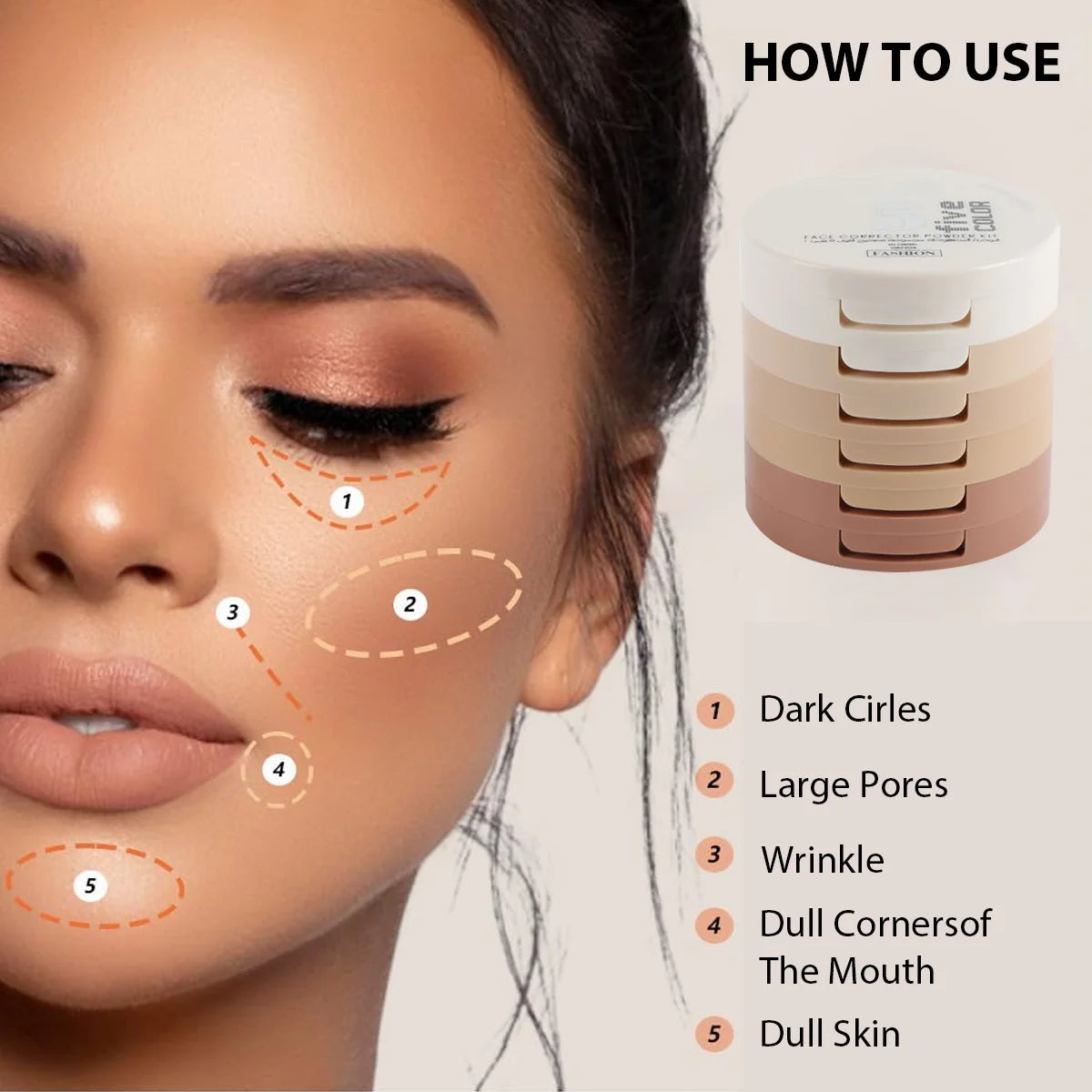 Poudre 5 en 1 – Blush, Tenue Longue Durée, Contrôle du Sébum, Poudre Fixante Hydratante, Correcteur, Utilisation Sèche ou Humide