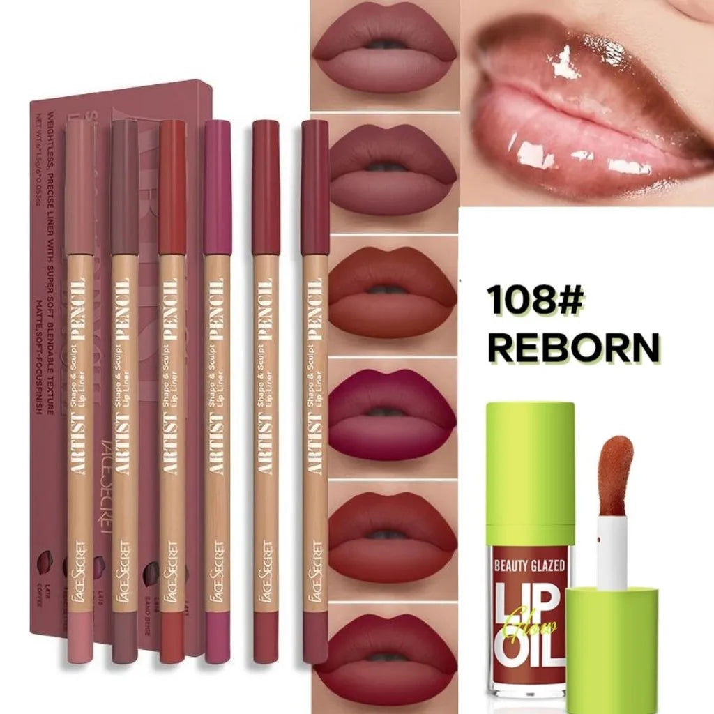 Set 6 Pièces – Crayons à Lèvres Mat Waterproof + Huile/Lip Essence, Effet Repulpant, Teinte et Soin des Lèvres, Gloss