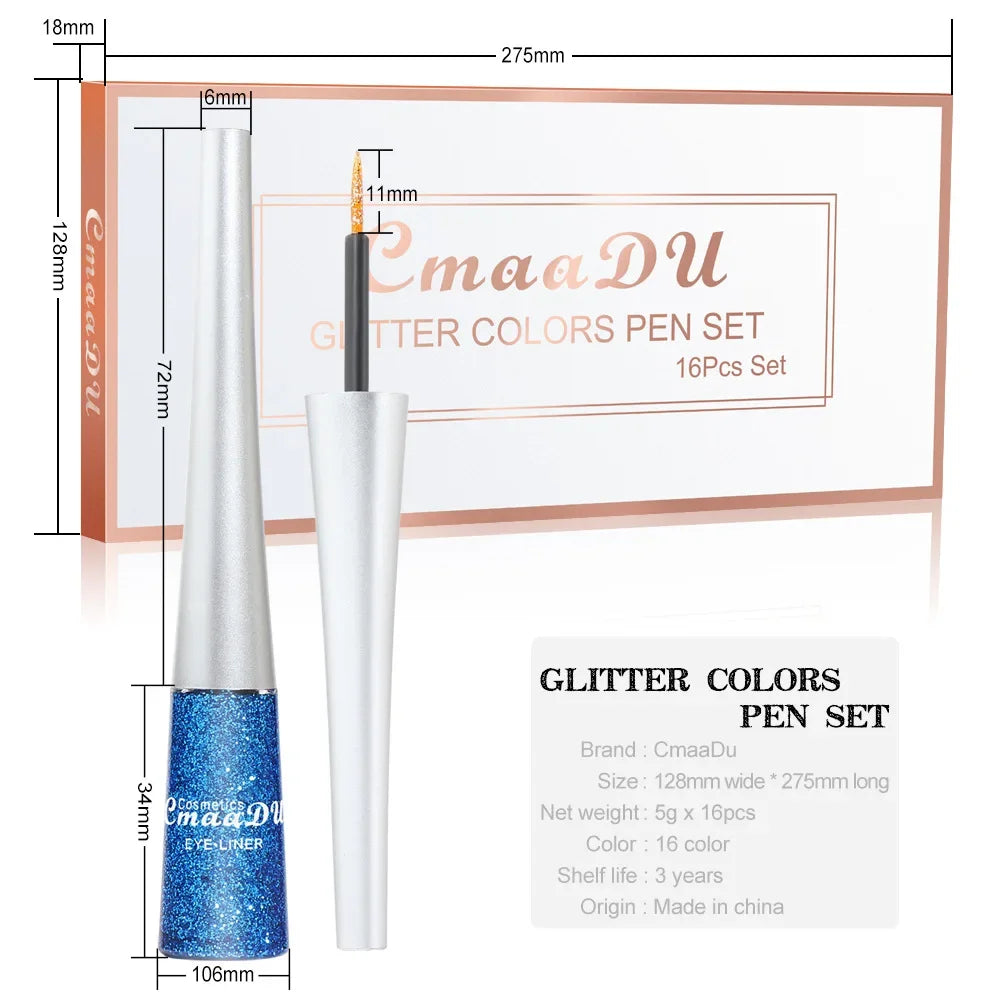 Kit 16 couleurs – eyeliner liquide métallique et pailleté, pigment brillant, maquillage professionnel des yeux