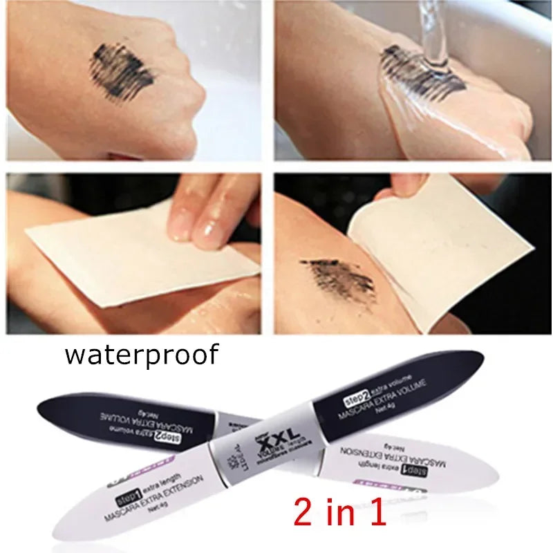 Mascara 2 en 1 4D fibres de soie noir waterproof volume et recourbant double allongeant cils yeux