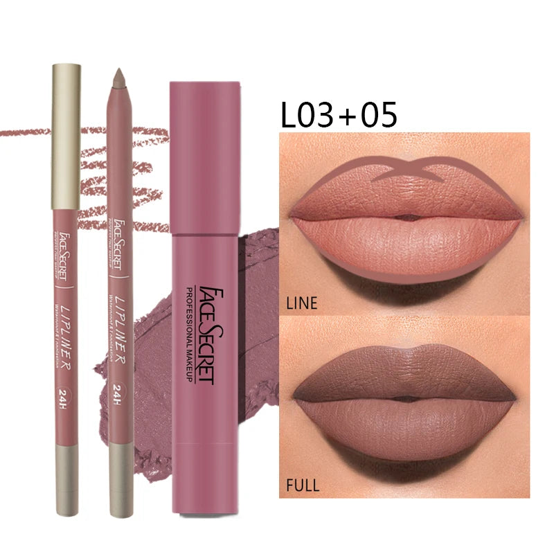 Set Rouge à Lèvres Mat + Crayon – Waterproof, Longue Tenue, Couleur Intense