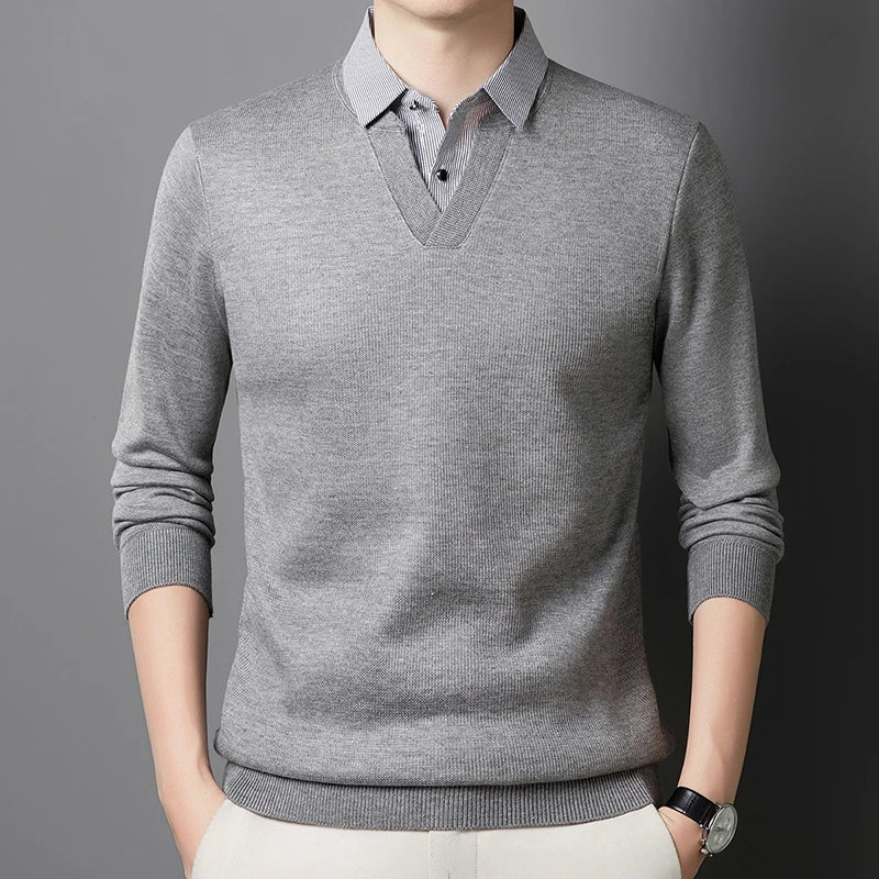 Faux pull deux pièces pour hommes, haut de Base à motif gaufré, col de chemise d'affaires, T-shirt à manches longues pour hommes, nouvelle collection automne et hiver