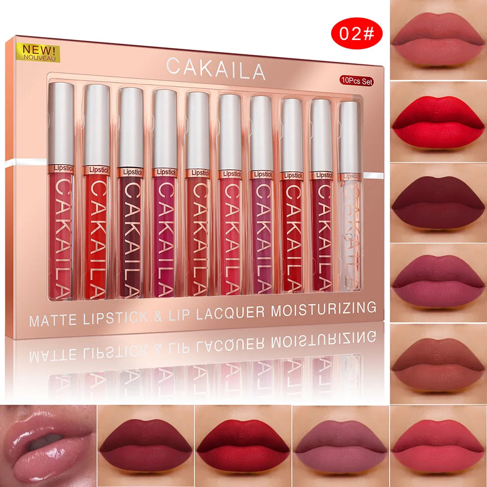 Coffret 10 pièces – Gloss à lèvres nude et rouges à lèvres liquide mat velours | Waterproof et longue tenue | Teintes hydratantes pour lèvres féminines