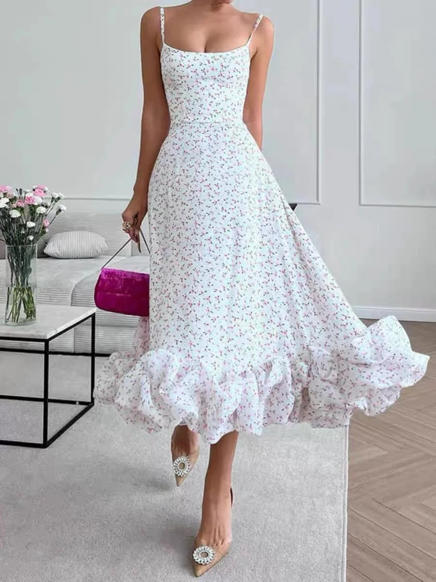 Robe Midi Florale Vintage Femme – Taille Haute, Coupe A-Line, Fleurs, Fluide, Rose/Bleu/Violet, Été 2025, Idéale Soirées et Événements