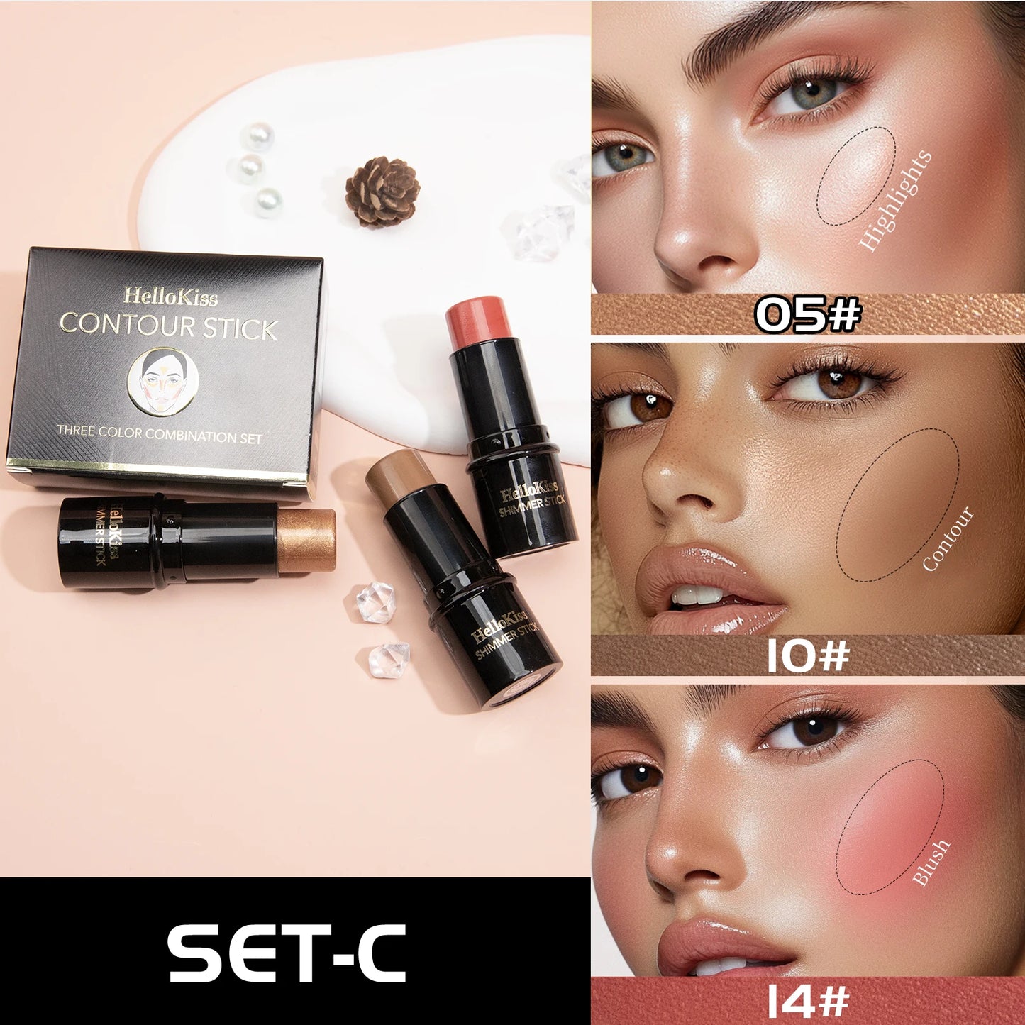 Set de 3 Correcteurs en Stick— Résistant à l’Eau, Contrôle du Sébum, Crème Multifonction pour Highlighter, Contour et Blush