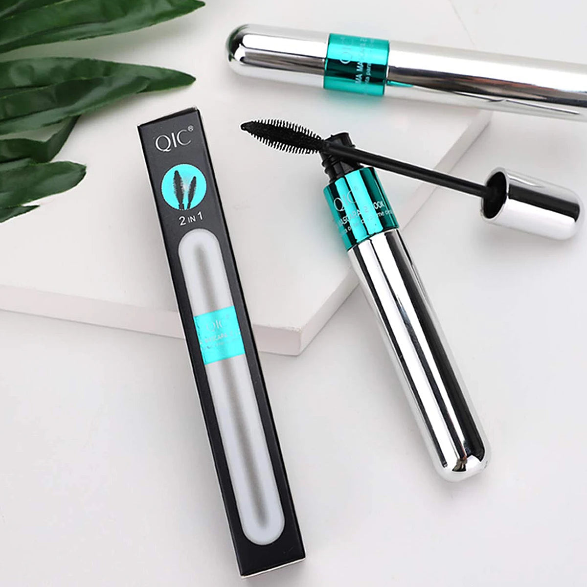 Mascara 2‑en‑1 fibres de soie waterproof extensions cils noir épais allongeant maquillage yeux