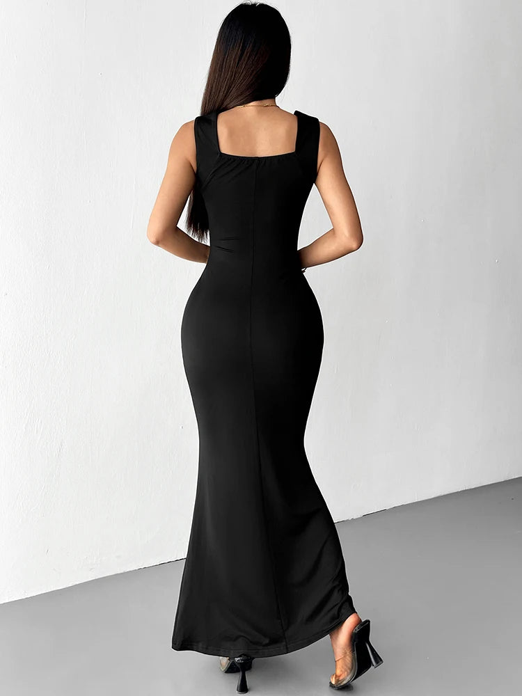 Robe maxi noire sexy pour femme, style streetwear, manches débardeur, coupe slim, élégante, tricotée