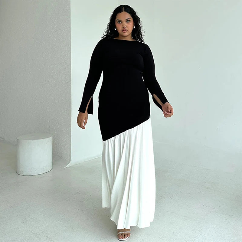 Robe Femme Patchwork Noir et Blanc à Queue de Poisson – Col Rond, Taille Haute, Style Ins, Maxi et Midi Élégante à Contraste