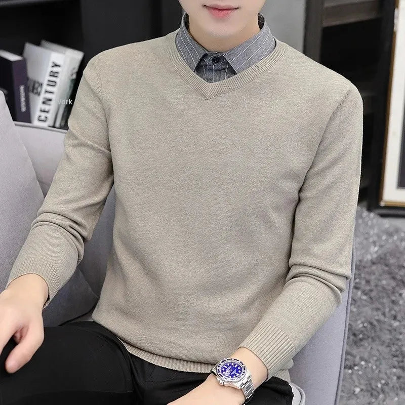 Pull tricoté élégant et ajusté pour hommes, faux deux pièces, col de chemise à la mode, automne hiver, modèle masculin aérien