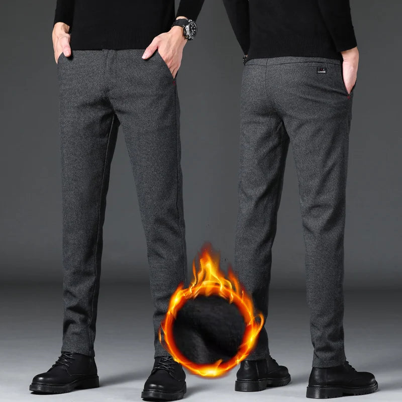 Mode hommes thermique polaire pantalons décontractés hiver épais droit mince velours pantalon marque vêtements coréen mâle pantalon taille 28-38