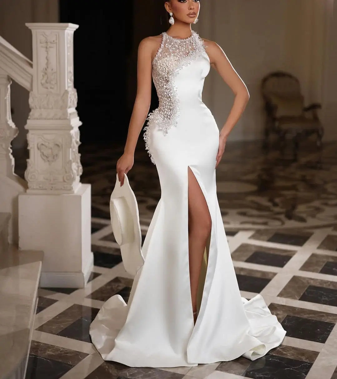 Robe de soirée sirène élégante, sans manches, col haut, paillettes, dentelle, Satin, Appliques, fente Sexy, robe de bal perlée, personnalisée