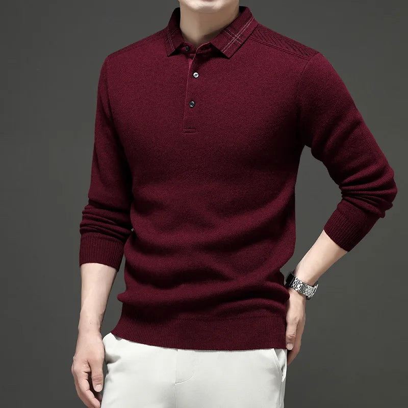 Chemise de base tricotée en pure laine épaisse à manches longues pour hommes Polo d'affaires décontracté Pull à col rayé pour personnes d'âge moyen...
