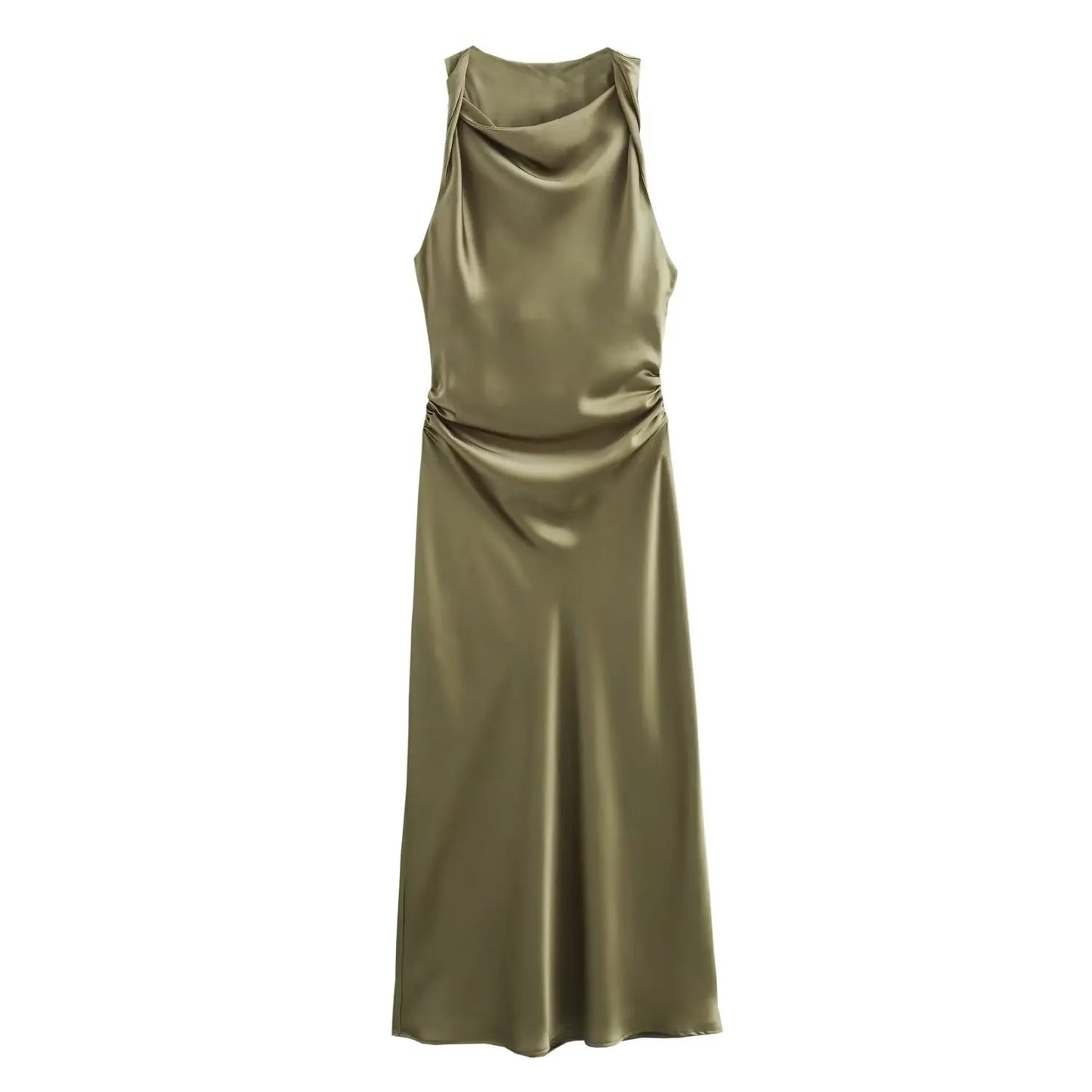 Robe Longue Femme Satin Froncée – Sans Manches, Été, Décolleté Épaule Dénudée