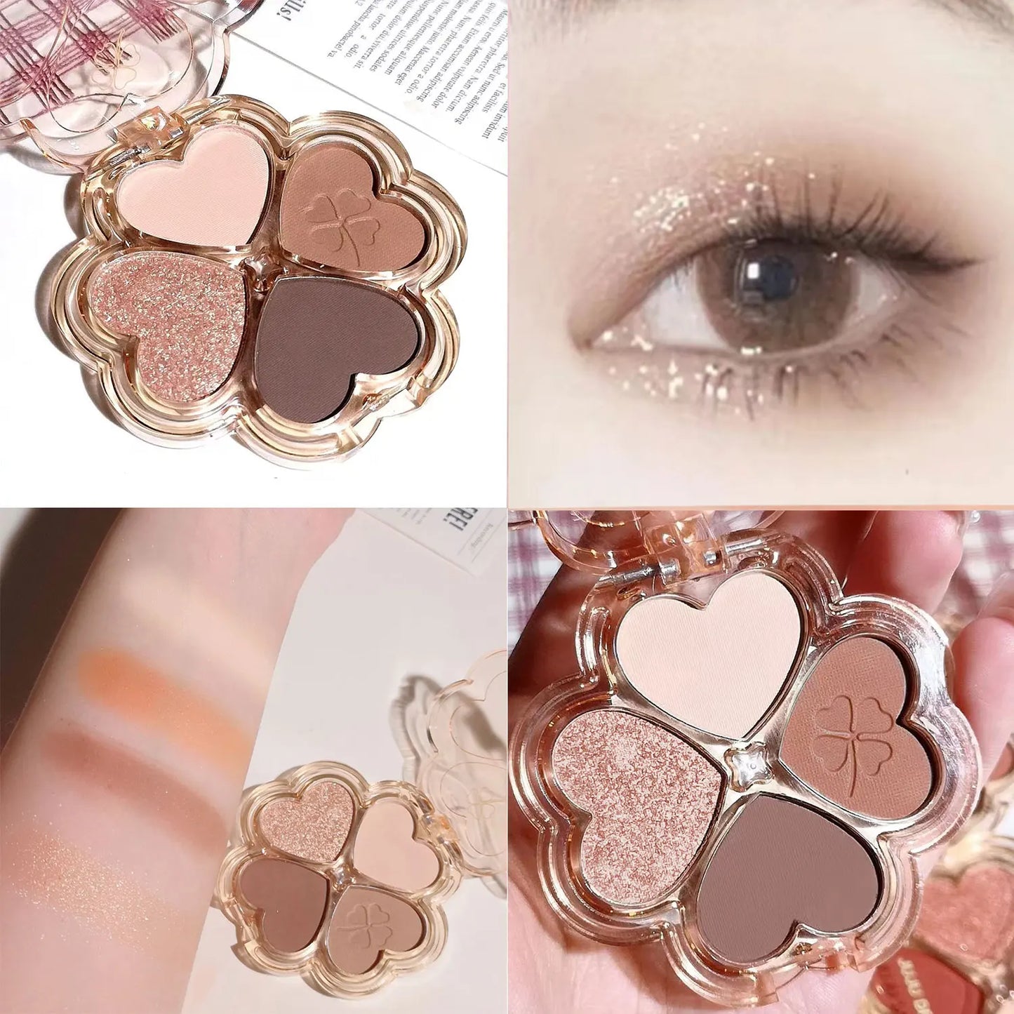 Palette fards à paupières, 4 couleurs terreuses, paillettes fines, nacré et mat, maquillage quotidien