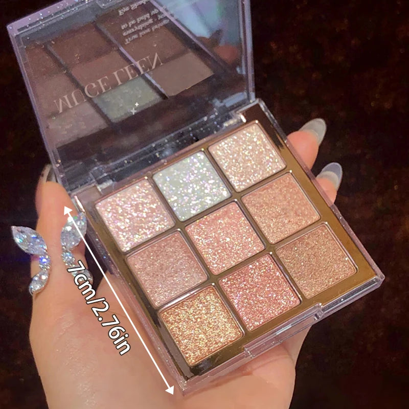 Palette fards à paupières 9 couleurs, paillettes, tons rose et or, finis métalliques, mats et scintillants, haute pigmentation, longue tenue, facile à estomper