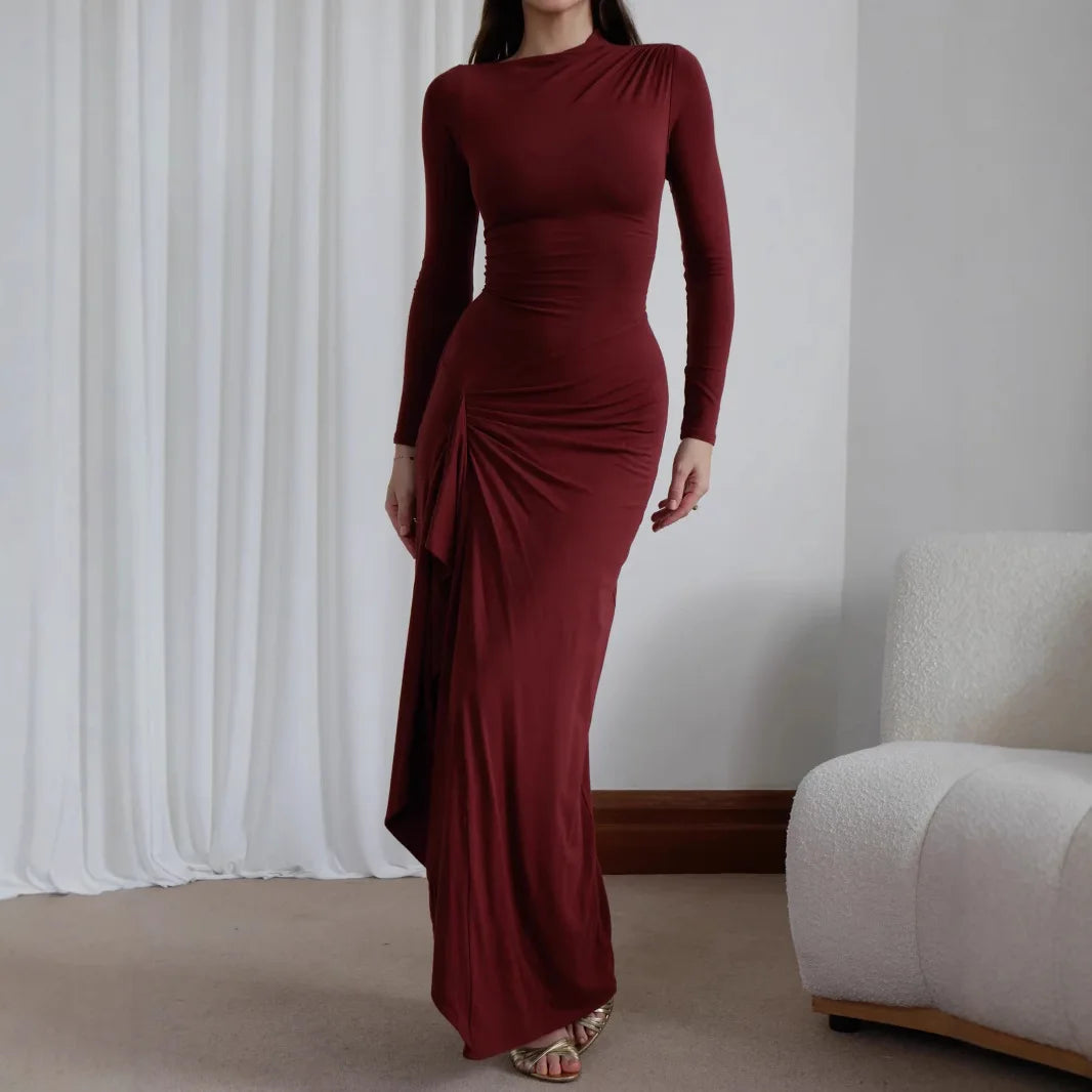 Robe de Soirée Élégante pour Femmes – Manches Longues, Effet Froncé, Fente, Luxe et Sexy, Idéale pour Soirées, Hiver et Prom