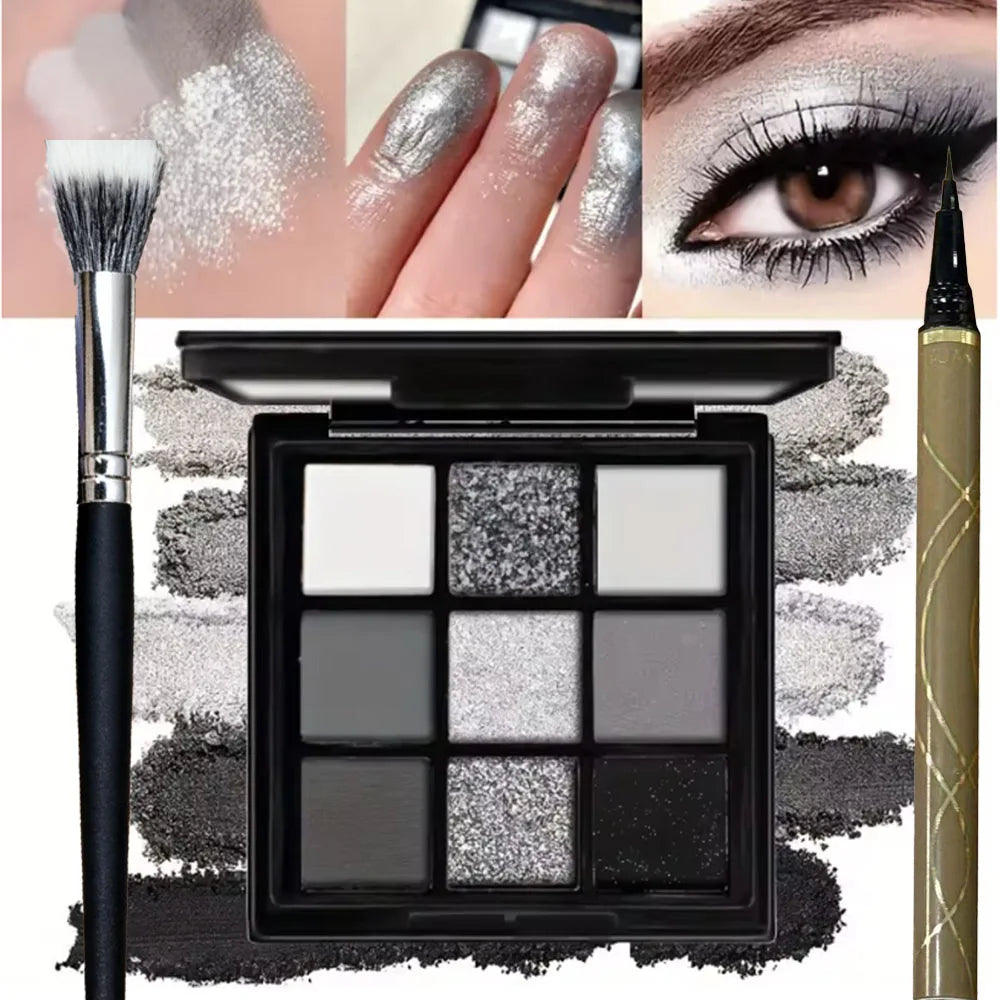Palette de fards à paupières 9 couleurs avec pinceau – Maquillage smoky gris-rose, fini mat et nacré, effet illuminant soyeux