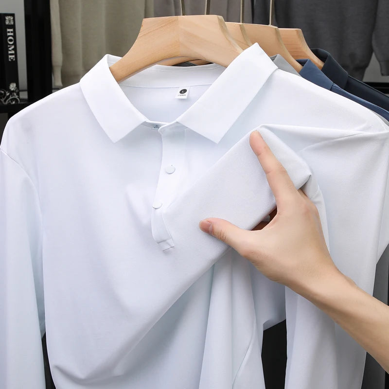 Hommes de haute qualité été nouveau revers hommes à manches longues polo broderie couleur unie affaires décontracté hommes polo