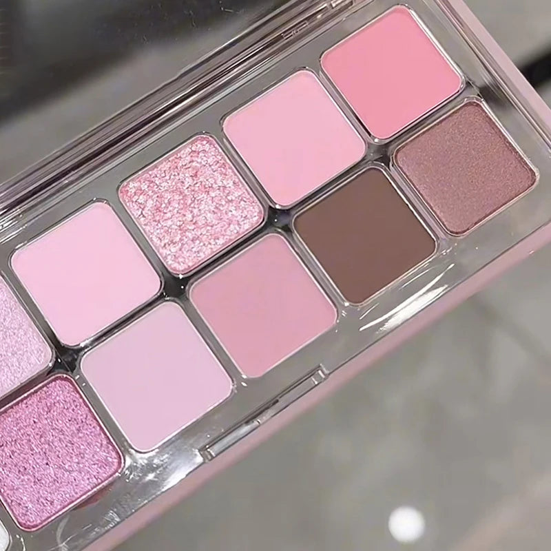 Palette fards à paupières 12 couleurs, mats et scintillants, nude, rose et paillettes, pigments, longue tenue, waterproof, maquillage yeux