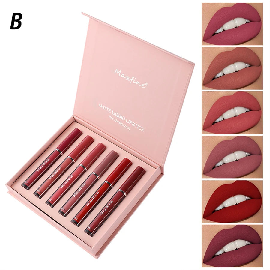 Coffret cadeau 6 pièces — Rouge à lèvres liquide mat velours | Waterproof et hydratant | Tenue longue durée | Gloss élégant pour maquillage lèvres parfait