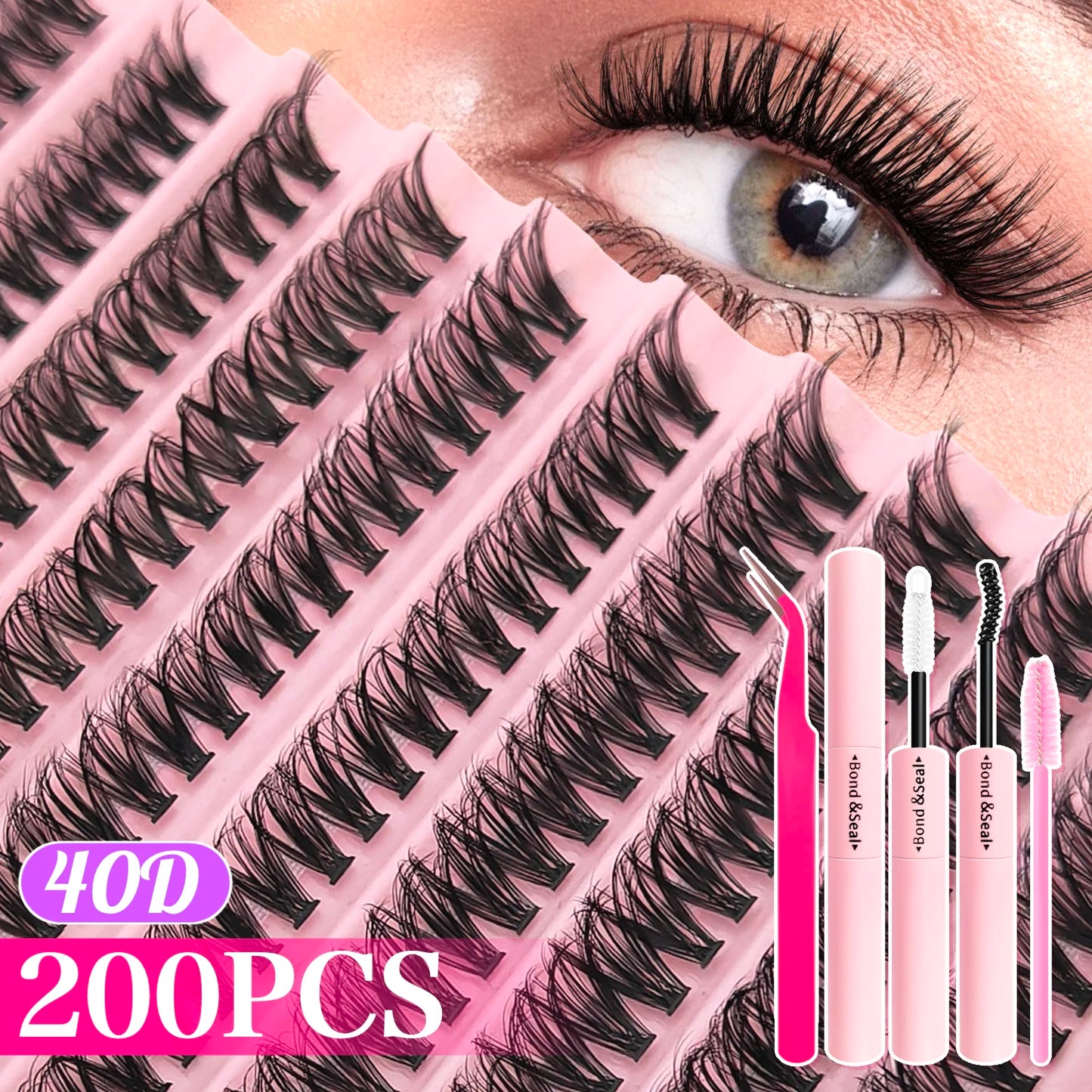 Kit Extension de Cils 720/200 pcs Fluffy Avec Colle, Scellant, Pinces et Clusters Épais Wispy