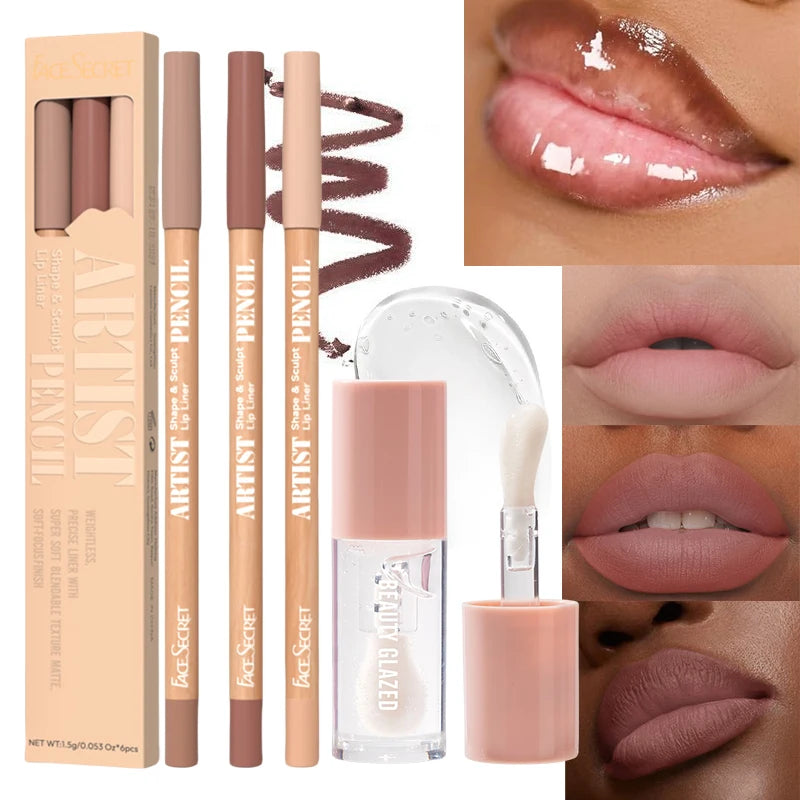 Set 4 Pièces – Gloss à Lèvres Hydratant, Léger et Repulpant, Avec Crayon Marron, Liquide Non Collant, Maquillage des Lèvres